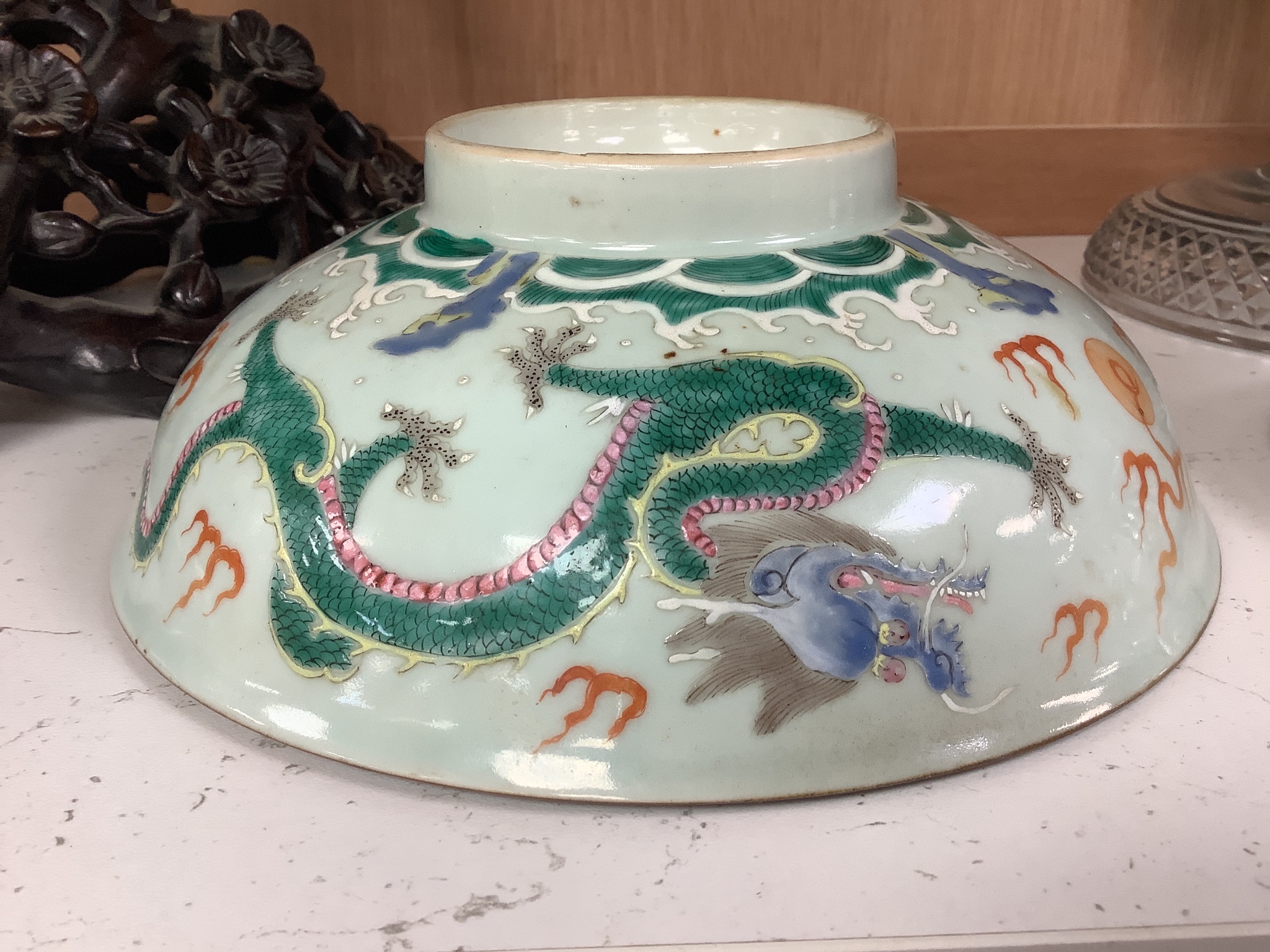 A Chinese famille rose ‘dragon’ bowl, Qianlong mark, 19th century, diameter 21cm